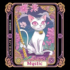 street art inspired illustration of a tarot card featuring a kawaii cat, dreamy look "Mystic" text