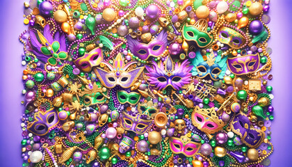 Fototapeta premium Majestic Mardi Gras Mask Amidst a Treasure Trove of Festive Ornaments
