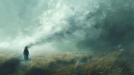 Woman Walking in Field of Smoke and Mist