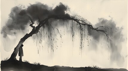 Black and White Chinese Willow Tree in Ink-Wash Style