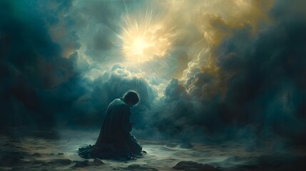 Man Praying in the Morning Light - obrazy, fototapety, plakaty