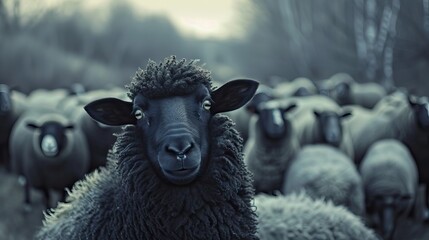 black sheep looking at the camera. AI generated illustration - obrazy, fototapety, plakaty