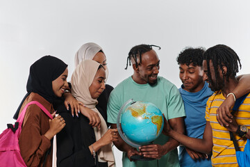 A diverse group of students is gathered around a globe, engrossed in exploration and study, their vibrant energy captured against a pristine white background, symbolizing unity and curiosity in their