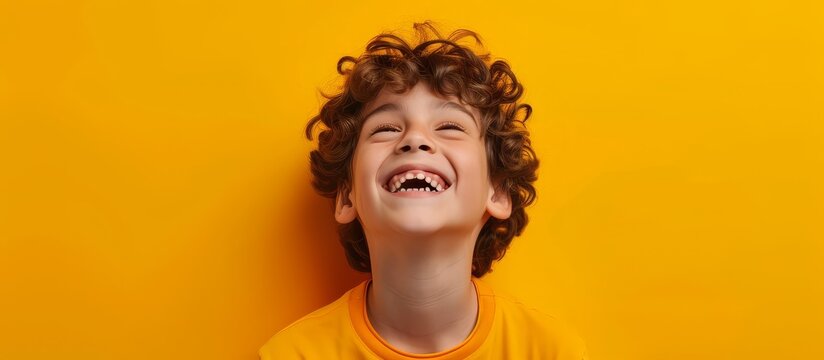 Joyful curly-haired young boy with a big smile on his face in a portrait