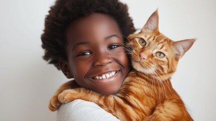 The image captures a young child with a beaming smile, hugging a ginger tabby cat which is looking directly at the camera. The child appears to be of African descent and has fluffy, dark curly hair, a