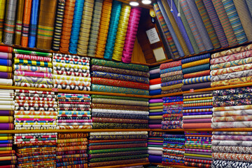 Fabrics for sale at a market stall. Istanbul, Turkey