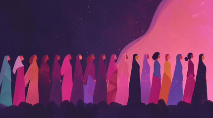 Diversity, freedom and equality with a group of woman together in a crowd or illustration as a poster. Peace, community or human rights with an image of different people and women on a color backdrop - obrazy, fototapety, plakaty
