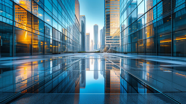 Cityscape Reflections: Capture the reflection of the skyscrapers in glass surfaces or water features on the empty roof space, adding depth and dimension to the image. Generative AI