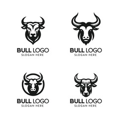 Collection of Four Stylized Bull Logos in Monochrome Design Suitable for Branding