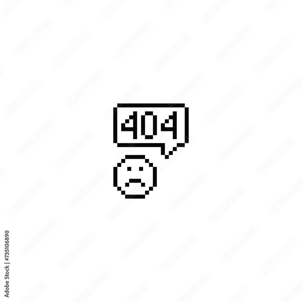 Poster 404 error icon 8 bit, pixel art computer 404 laptop bot icon for game logo.