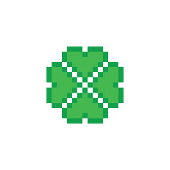 Fototapeta premium Clover with four leaves icon 8 bit, pixel art Clover icon for game logo.