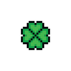 Clover with four leaves  icon 8 bit, pixel art  Clover icon  for game  logo.