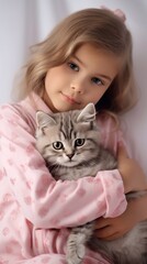 
beautiful girl in pajamas holds her beloved pet in her arms. Scottish kitten in the arms of the girl. thoroughbred British cat