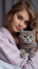 
beautiful girl in pajamas holds her beloved pet in her arms. Scottish kitten in the arms of the girl. thoroughbred British cat