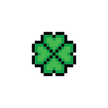 Clover with four leaves  icon 8 bit, pixel art  Clover icon  for game  logo.