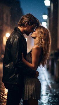 Romantic, beautiful couple kissing on the street in the rain, evening. Vertical, horizontal photo