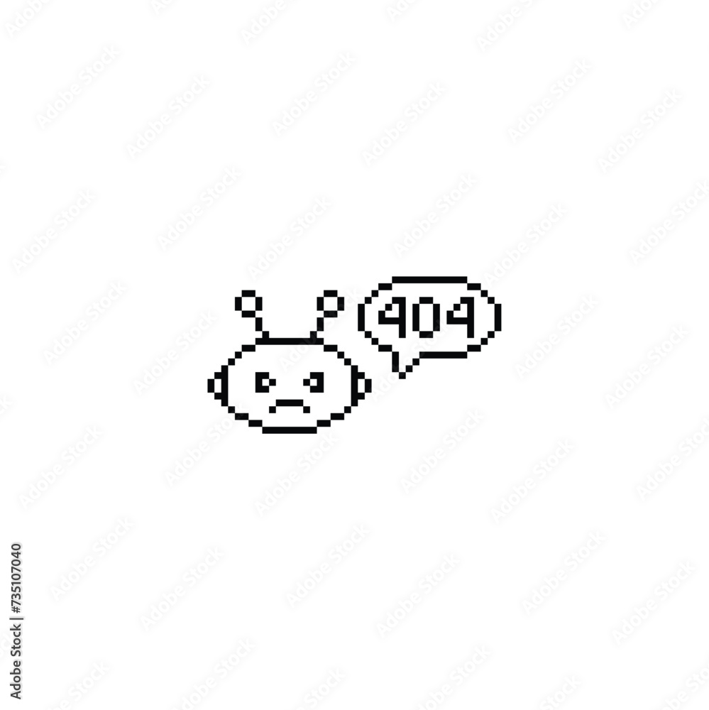 Poster 404 error icon 8 bit, pixel art computer 404 laptop bot icon for game logo.