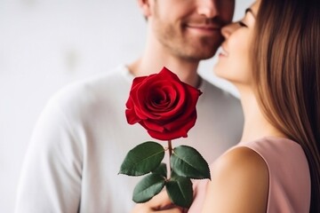 Couple Concept - Young american couple huging each other and holding romantic red rose.