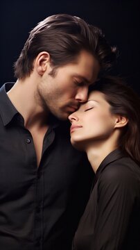 Couple with eyes closed. A woman touches a man's neck. Eliminated from your kisses.