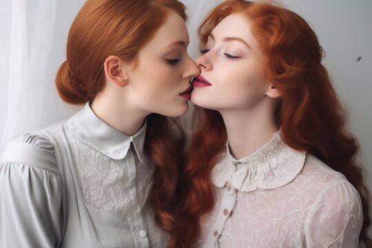 Redhead lady with freckles and her brunette lesbian lover kiss and spend time together