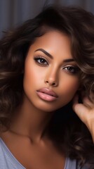 Fototapeta premium Perfect tanned woman with perfect skin, big full lips in bedroom. Perfect tanned woman with perfect skin, big full lips in bedroom. Vertical photo