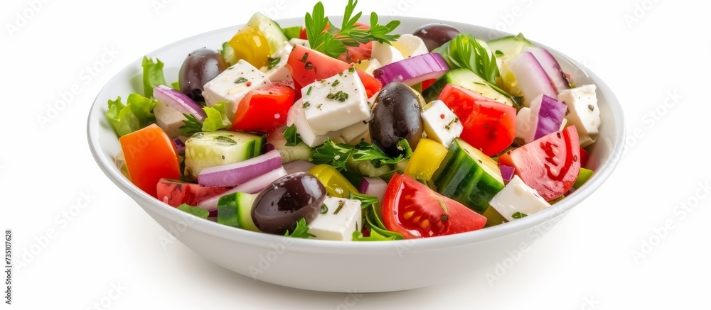 Sticker fresh greek salad with ripe tomatoes, cucumbers, olives, and feta cheese in a bowl, healthy mediterr