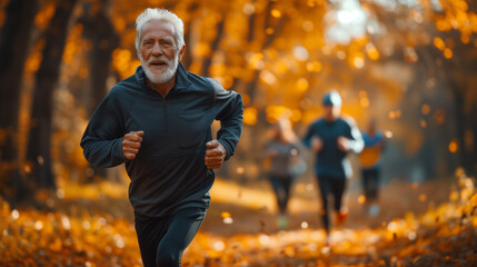 Obraz premium Elderly people running with friend, old persons doing sports, Ai generated image