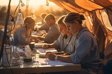 Refugee camp medical staff working in medical tent