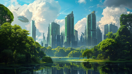 A futuristic metropolis featuring towering skyscrapers juxtaposed with lush green forests. Generative AI