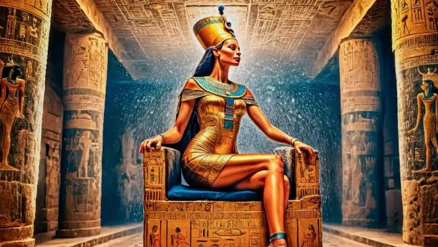 The beautiful Egyptian goddess-pharaoh Hatshepsut sits on a golden throne in the Dendera temple