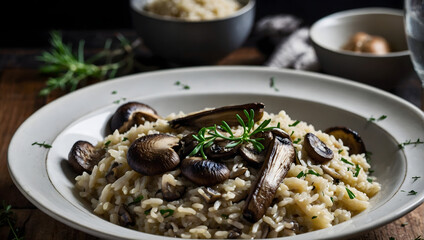 Fototapeta na wymiar Savory mushroom and thyme risotto made with Arborio rice and Parmesan cheese.