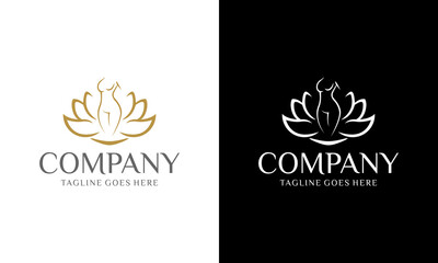 Creative Well woman Body Fitness Logo, Cosmetic Brand identity. For Spa product and Beauty Salon Business. Stylized human yoga shape in abstract lotus symbol. Vector icon.