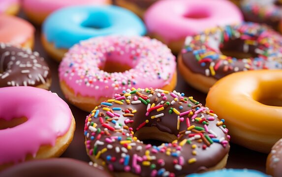 Close-up view of assorted colorful donuts with sprinkles, depicting delicious sweet treats for dessert or snack time.
