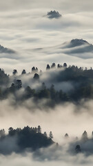 High hill and forest with fog, mist and cloud