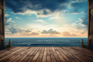 Fototapeta na wymiar view of sky and ocean from a wooden berth. Generative AI