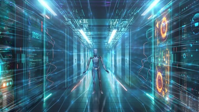 Featuring a long, modern server room hallway and a white android robot at its center, this video brings the concept of AI to life