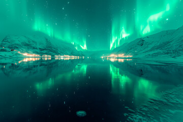 Northern Lights over snowy mountains. Aurora borealis with starry in the night sky. Fantastic Winter Epic Magical Landscape of snowy Mountains.