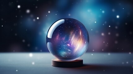 Fototapeta na wymiar A crystal ball with a galaxy theme inside it placed against a dark starry background.