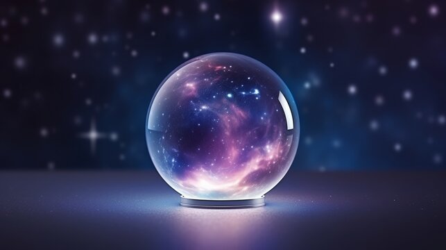 A crystal ball with a galaxy theme inside it placed against a dark starry background.