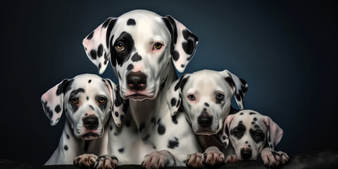 Spotted dalmatian dog mother with her puppies isolated on dark background Ai Generative