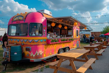 Gordijnen colorful food truck at an outdoor festival with cheerful people at wooden tables eating and drinking. © Tjeerd