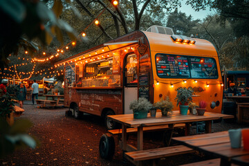 colorful food truck at an outdoor festival with cheerful people at wooden tables eating and...