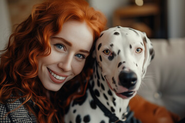 Happy young redhead with her Dalmatian dog in a living room