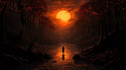 a person walking in a river with trees and a sunset