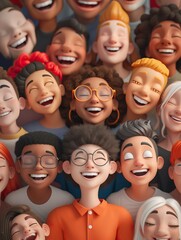 The image features a variety of stylized animated characters grouped closely together, exhibiting a range of joyful expressions. Each character is unique, with different skin tones, hair styles, facia