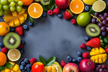 Top view of various colorful fresh fruit on a table. Healthy assorted food, Healthy lifestyle. Natural juicy Fruit background.