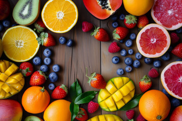 Top view of various colorful fresh fruit on a table. Healthy assorted food, Healthy lifestyle. Natural juicy Fruit background.
