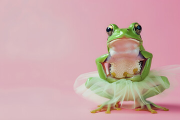 Green frog in tutu skirt on the isolated pastel background. 29 february leap year day concept