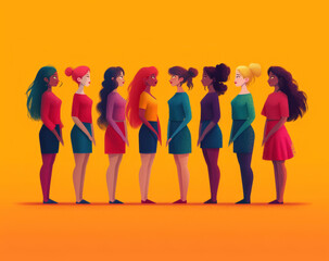 Fototapeta premium Diversity, freedom and equality with a group of woman together in a crowd or illustration as a poster. Peace, community or human rights with an image of different people and women on a color backdrop