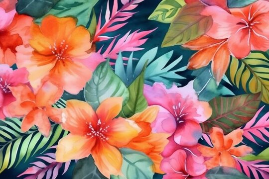 Pattern with vibrant tropical flowers painted in watercolor. Generative AI